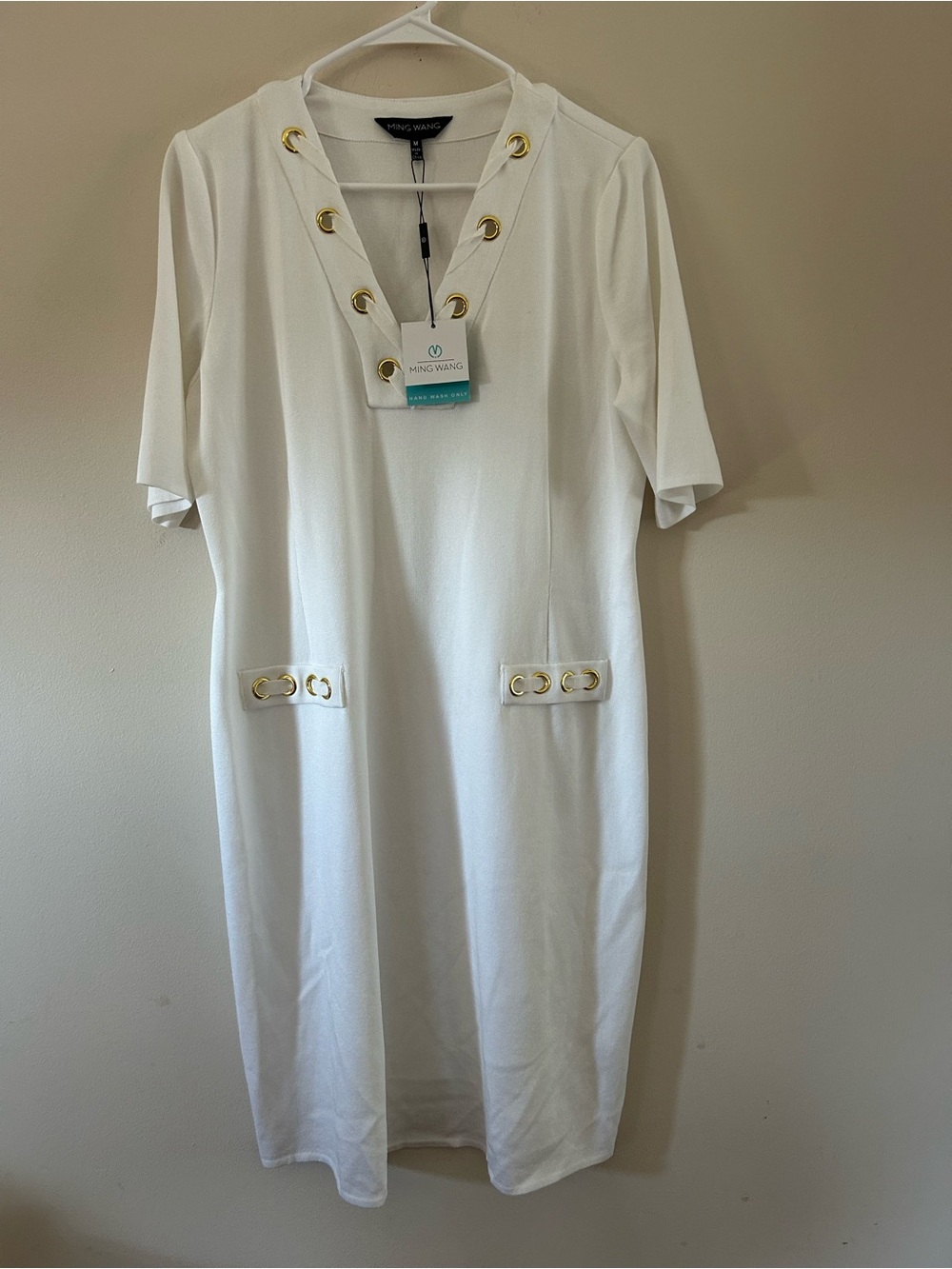 Ming Wang White Midi Dress with Gold Grommet Accents